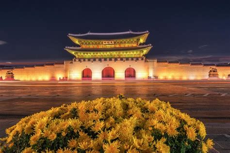 Temple at night illuminated with light from decorations