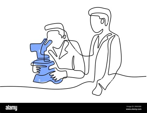 One continuous line drawing of two male scientist woman looking through ...