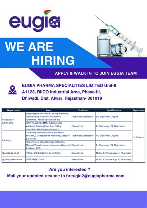 Eugia Pharma Job Vacancy For Production/ Packing/ QA/ QC