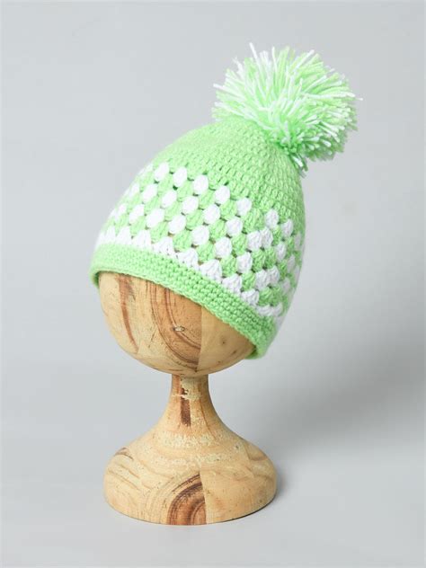 Green & White Handmade Woollen Pom Pom Cap for Kids – FunKrafts Shop