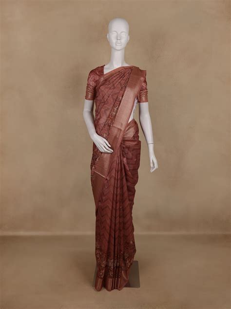 Dusty Rose Brown Geometric Design Tussar Silk Saree | Diadem