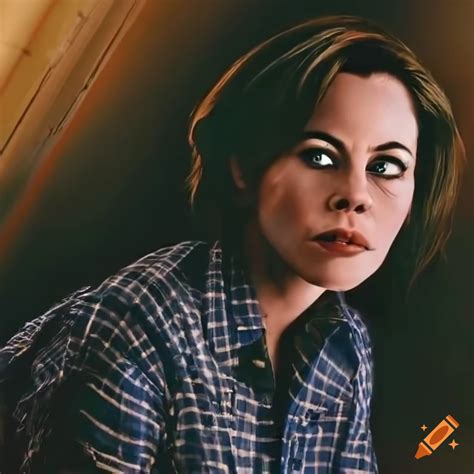 Portrait of a young woman with messy hair and plaid shirt