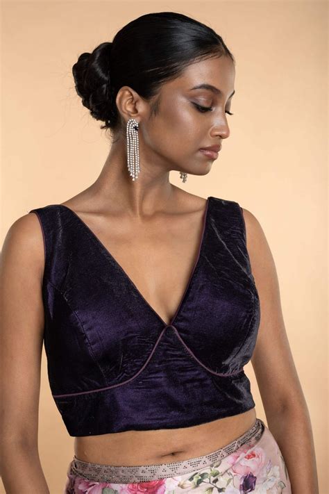 Dark Purple Sleeveless Georgette Blouse with V Neckline