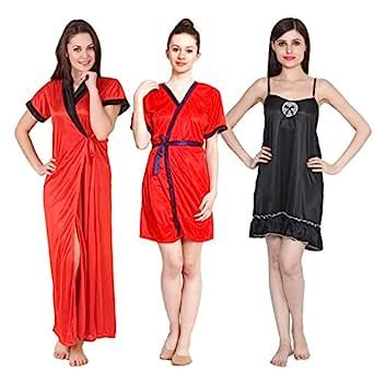Buy Freely Red & Black Color Nighty & Robe Set - Combo of 3 at Amazon.in