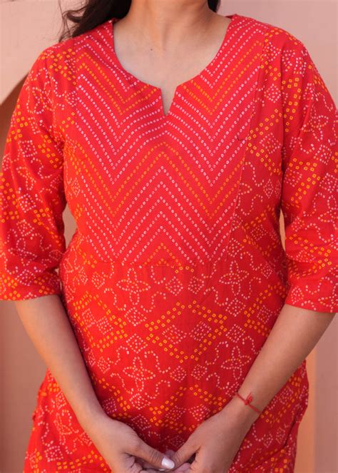 Buy Soft Cotton Bandhani Straight Red Kurta TP2099T | Aramya
