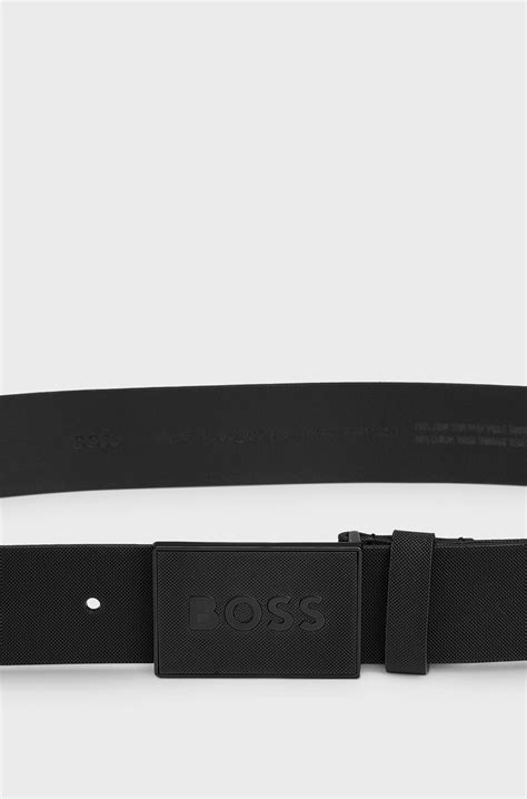 BOSS - Italian-leather belt with textured plaque buckle - Black