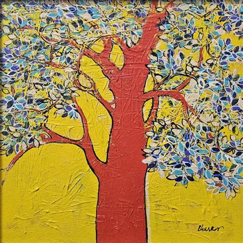 "Treescape 225": Orange Red Acrylic Painting by Bhaskar Rao | ArtZolo.com