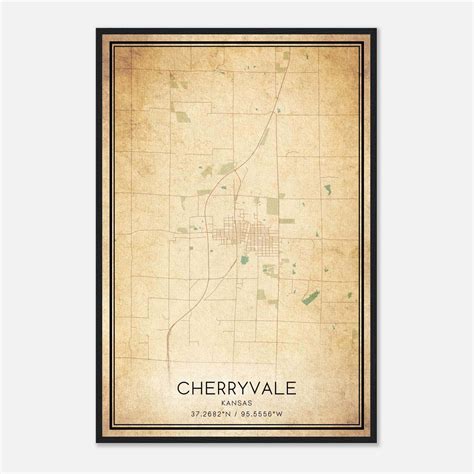 Vintage Cherryvale Kansas Map Poster, Cherryvale KS City Road Wall Art ...