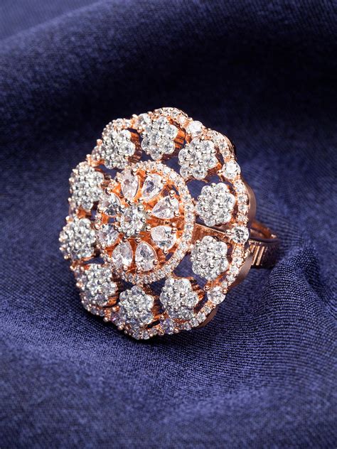 Floral Design American Diamond Rose Gold-Plated Cocktail Ring – Priyaasi