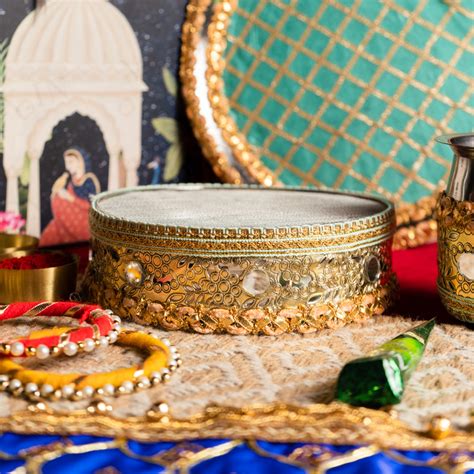 Buy Lush Blue & Gold Karwa Chauth Thali Set Online in India - Mypoojabox.in