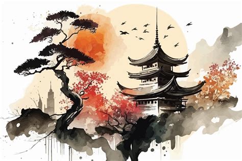 Pintura japonesa Ilustração em vetor de arte oriental em aquarela ...