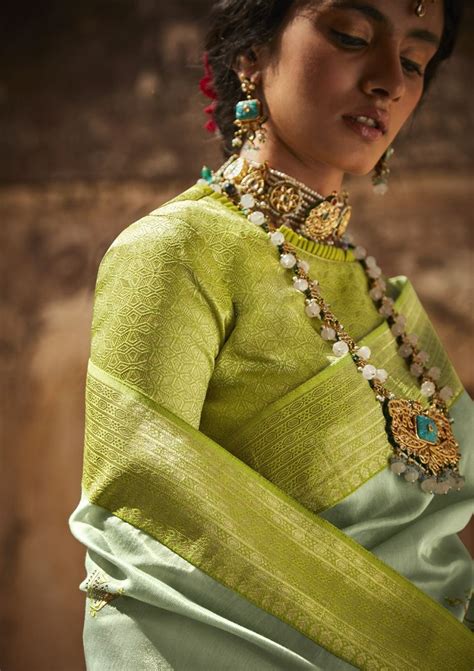 Mint Green Banarasi Silk Saree With Designer Blouse – STORI