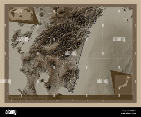 Miyazaki, prefecture of Japan. Elevation map colored in sepia tones with lakes and rivers ...