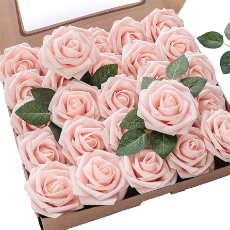 Buy Floroom Artificial Flowers 25pcs Real Looking Blush Fake Roses with ...