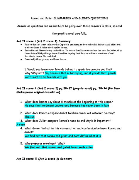 Act II scenes i-vi Summaries and Guided Questions Template - Romeo and ...