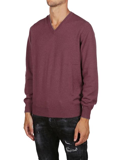 V necks Brunello Cucinelli - Contrasting trimmed burgundy cashmere ...