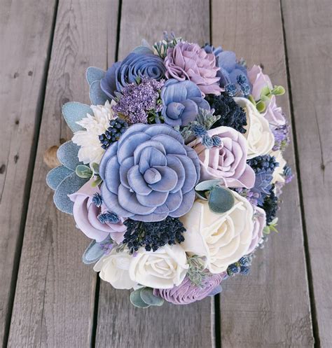Dusty Blue and Lavender Wedding Bouquet, Slate Blue Wood Flower Bouquet ...