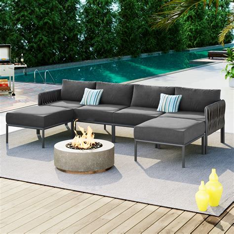 EUROCO Modern 6-Piece Aluminum Patio Sectional Sofa Set, Outdoor Lawn ...