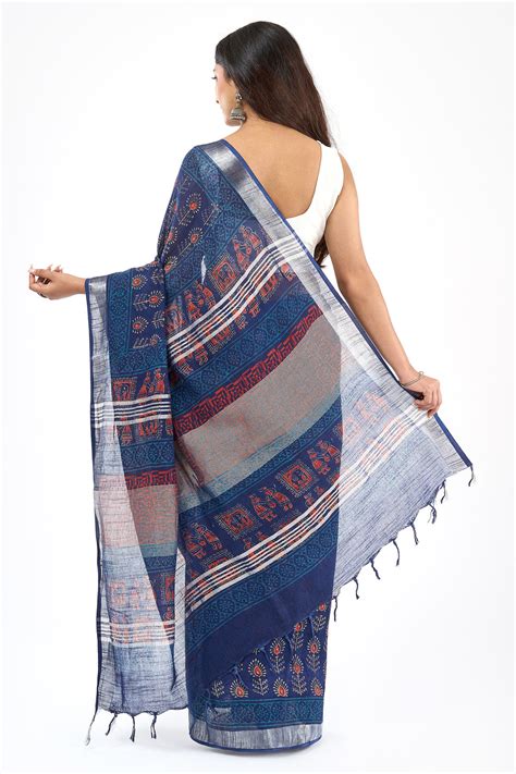 Teejh Ekila Indigo & Red Hand Blockprint Saree