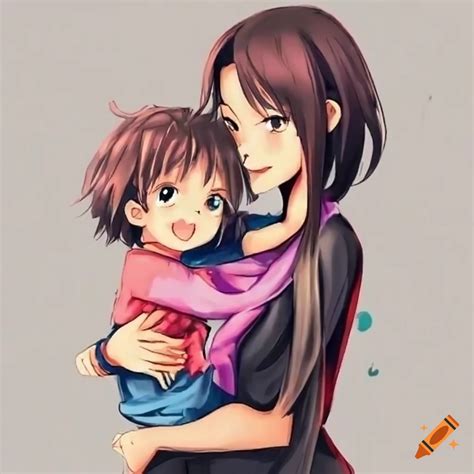 Anime illustration of a mother holding her son