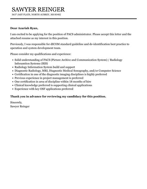 PACS Administrator Cover Letter | Velvet Jobs