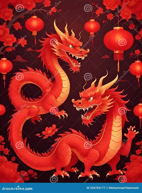 Two Red Chinese Dragons with Golden Accents and Red Lanterns Stock ...