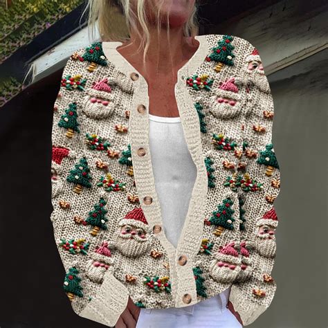 Dihao Christmas Sweaters for Women Ugly Funny Xmas Tree Print Button Up ...