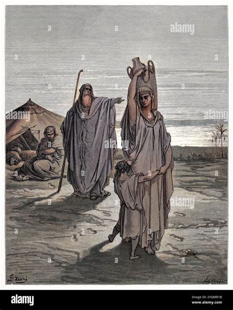 Abraham dismissing Hagar and Ishmael. Old Testament. Antique digitally ...