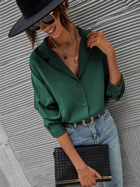 Lapel Neck Drop Shoulder Blouse | Trousers women outfit, Women's green ...