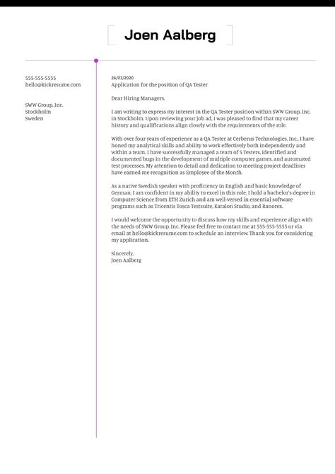 QA Tester Cover Letter Example | Kickresume