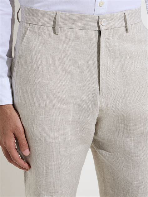 Buy Ascot Beige Checkered Relaxed-Fit Mid-Rise Linen Trousers from Westside