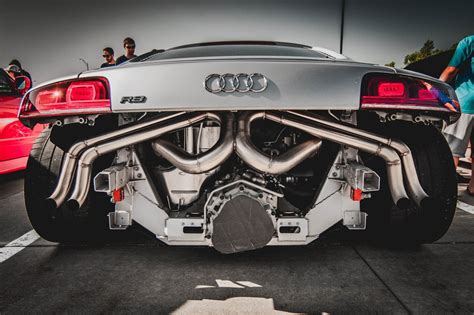 Audi R8 with a custom exhaust system. The craftsmanship on this is a ...