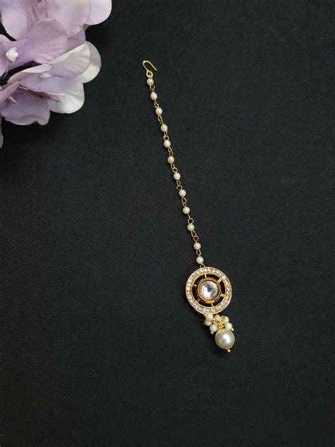 Gold Kundan Polki Pearl Beaded Maang Tikka – Jaipri