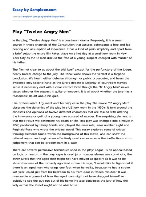 ≫ Play "Twelve Angry Men” Free Essay Sample on Samploon.com