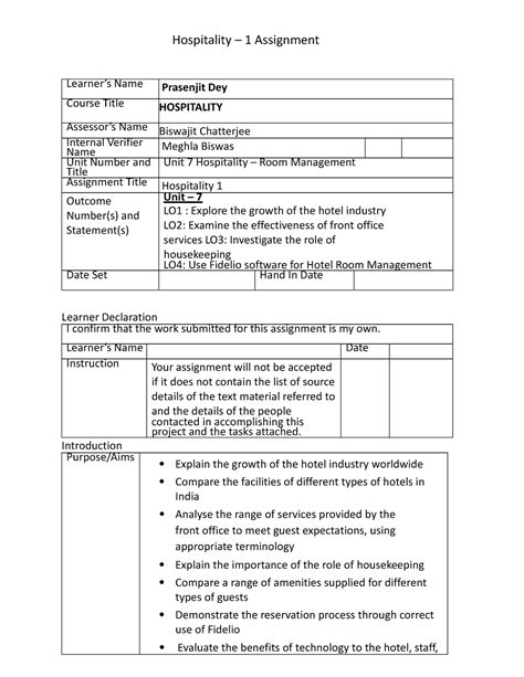 Hospitality-1 Assignments Written [(Prasenjit)] - Learner’s Name ...