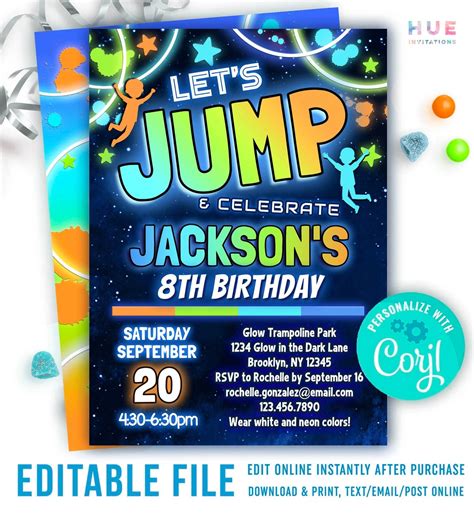 Boys Jump Party Birthday Invitation Neon Glow Jump & Celebrate ...