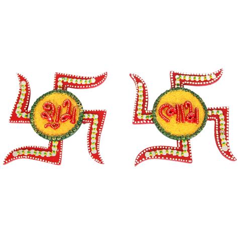 Wooden Swastik Shaped Shubh Labh Door Toran Set with Kundan Work - Size ...