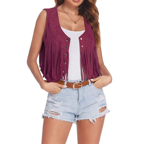 BOOMILK Fringe Vest for Women Faux Suede Open Front Vintage Tassel Vest ...