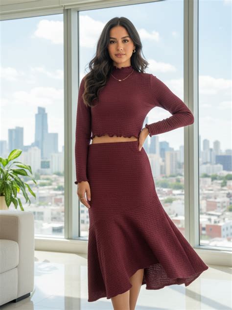 Maroon High Neck Full Sleeve Top and skirt Women – Stylish Ribbed Stre ...