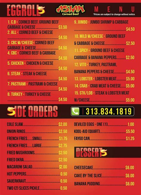 Menu at Asian Corned Beef desserts, Detroit, Wyoming Ave