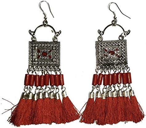 Buy S3C Silver Oxidised Square Earring with Long Beads and Thread ...