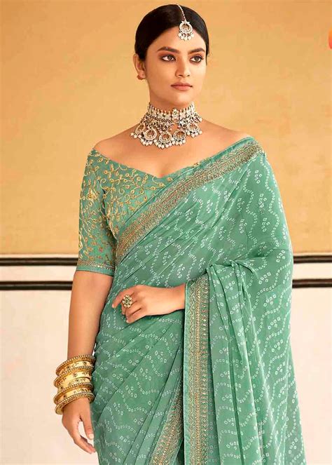 Buy Vista Blue Georgette Leheriya Printed Saree with Embroidered Blouse ...