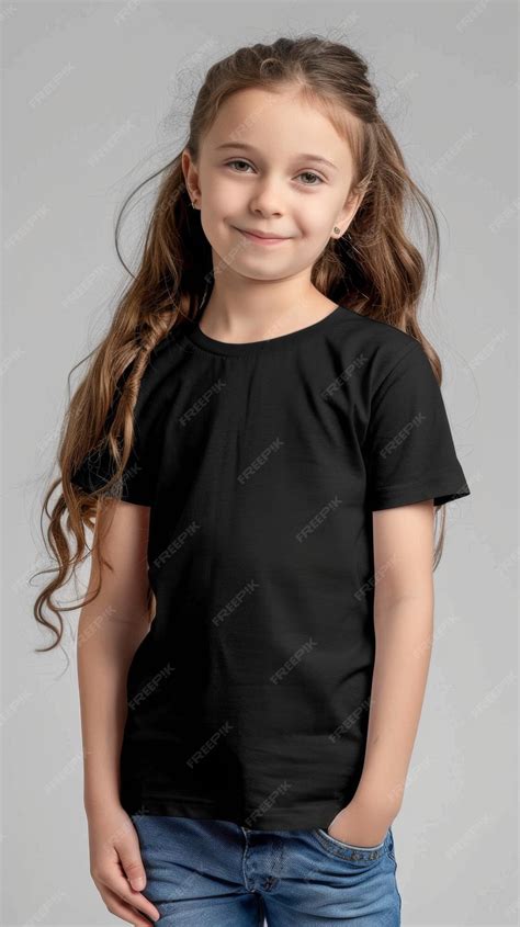 Little girl wearing black blank white t shirt mockup for print image ...