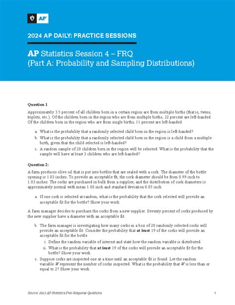 AP Statistics AP Daily Session 4 Worksheet - FRQ Practice (2023) - Studocu