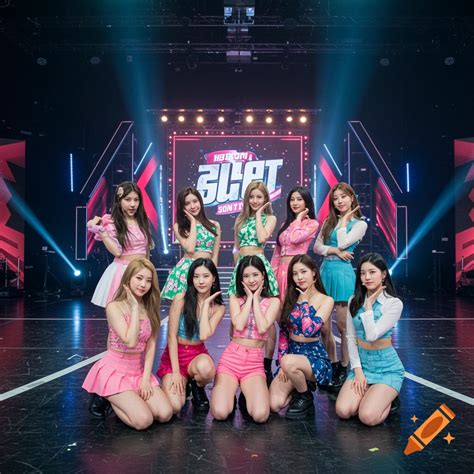 A group of nine young women in bright, coordinated outfits posing on a ...