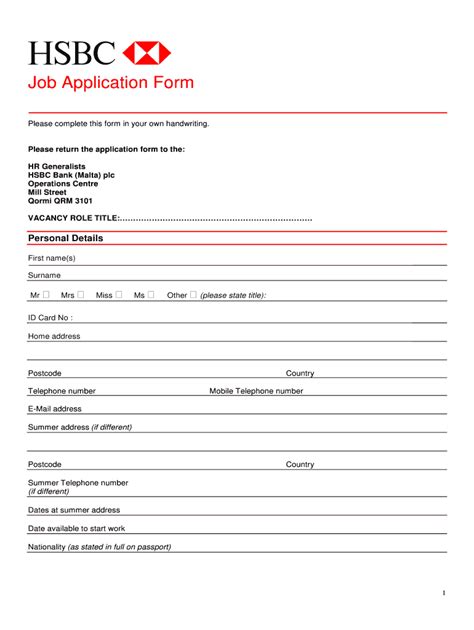 MT HSBC Bank Job Application Form - Blank Fillable Template | Fill Out ...