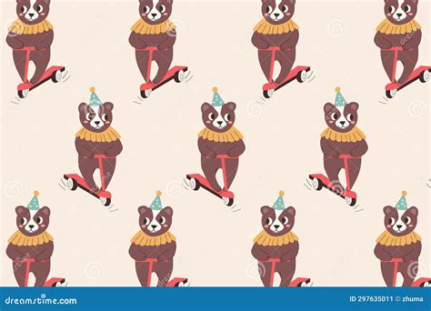 Cute Cartoon Bear on Scooter - Seamless Pattern Stock Illustration ...