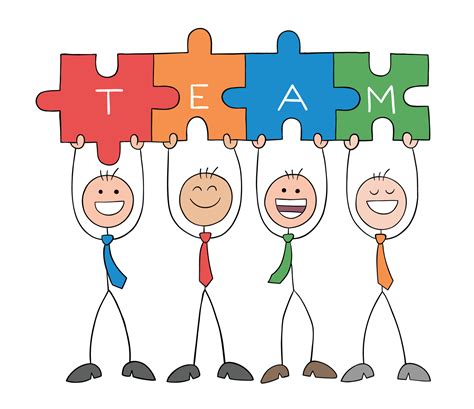 Teamwork, four stickmen businessmen holding connected team jigsaw ...