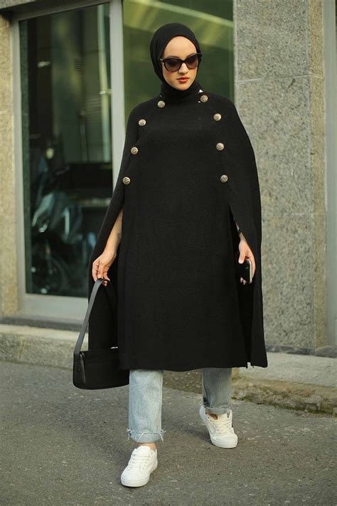 Triko Düğme Detaylı Panço 1249-1 Siyah - Modasena