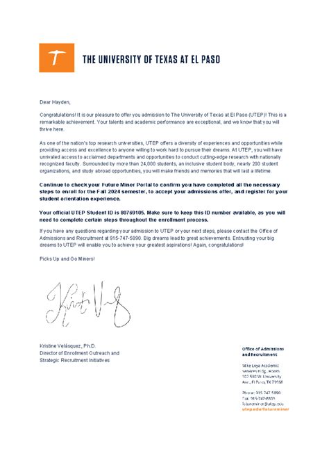The University of Texas at El Paso Acceptance Letter - Dear Hayden ...